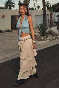 Tencel Denim Smocked Tie-Front Halter Top