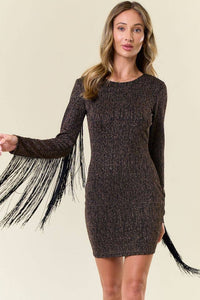 METALLIC MOCHA FRINGED BODYCON DRESS