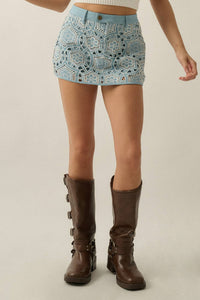 Denim Cutout Embroidered Mini Skort