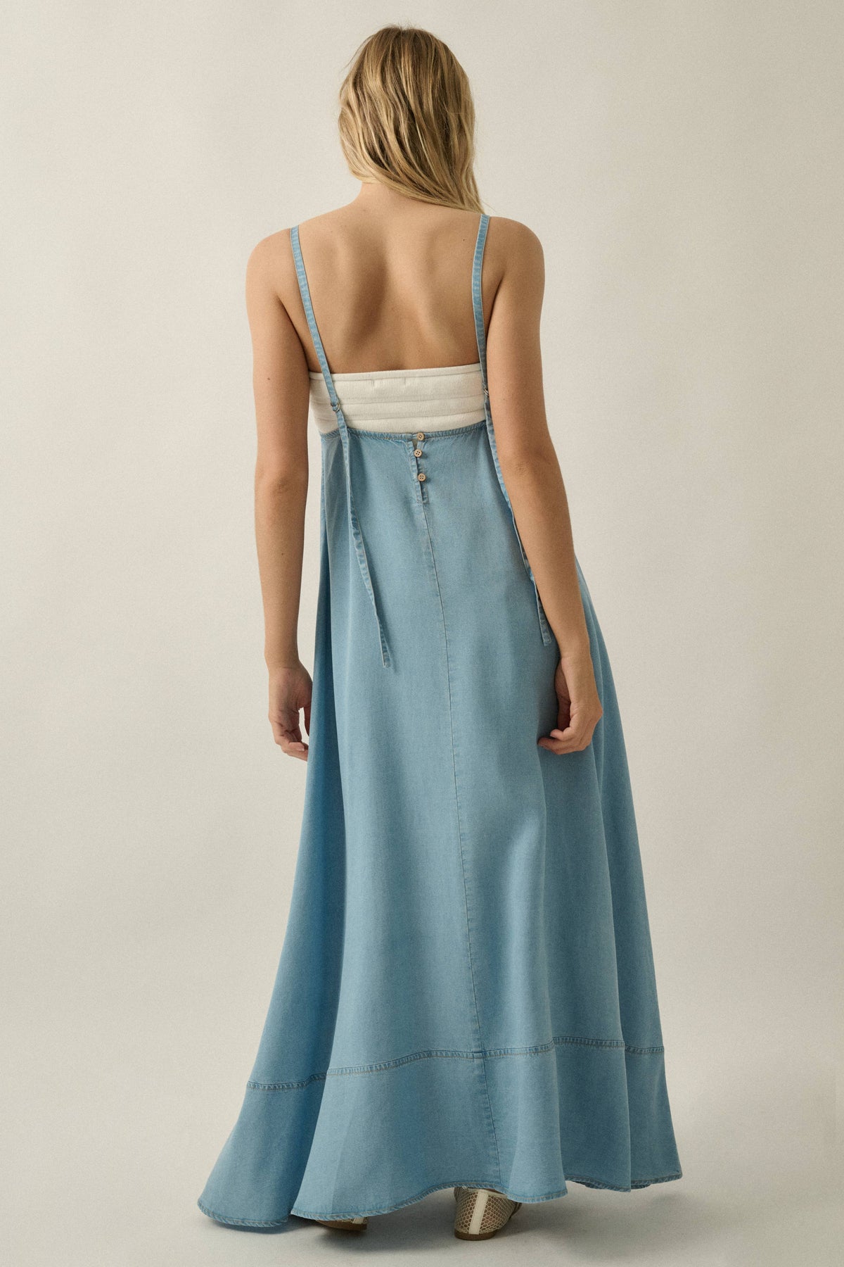Tencel Denim A-Line Open-Back Leg-Out Maxi Dress