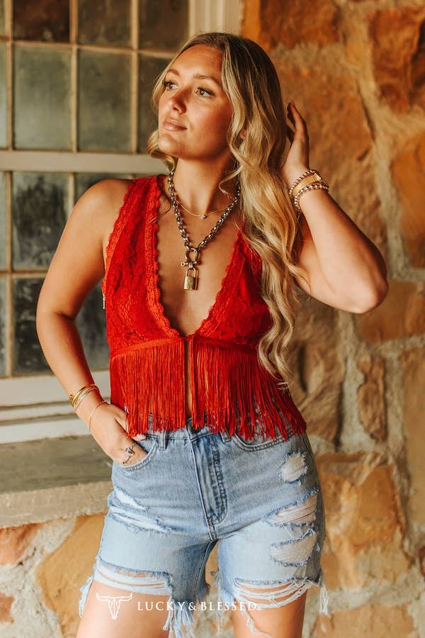 Red Lace Fringe Hem Crop Top