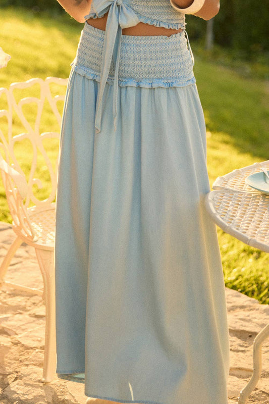 Tencel Denim Smocked Drop-Waist Maxi Skirt