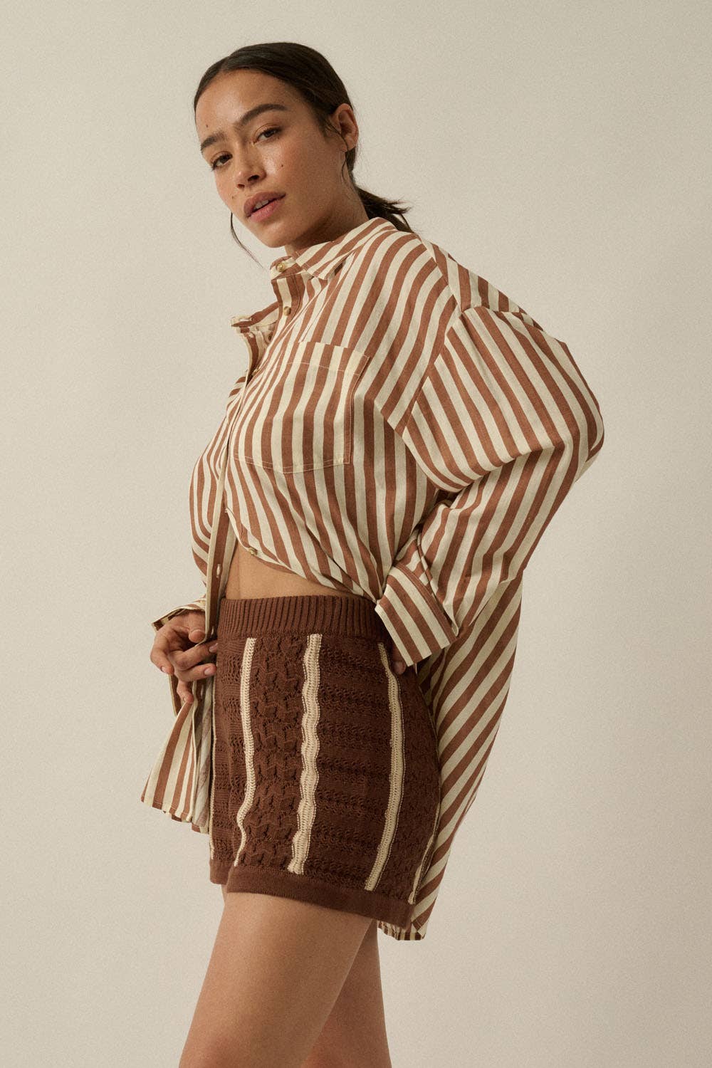 Stripe-Print Woven Cotton Oversized Button-Up Pocket Shirt