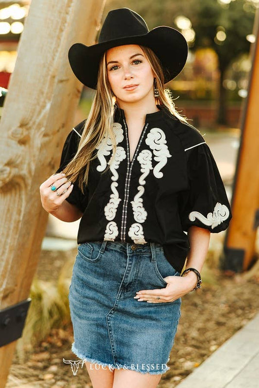 Black Western Embroidered Detail Blouse