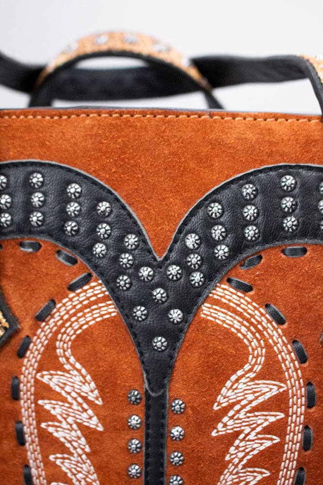 Genuine Suede Tote Bag with Boot Stitching and Rivet Accents
