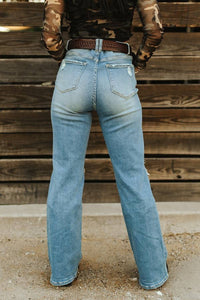 Light Wash High Rise Distressed Bootcut Jeans (33.5in)