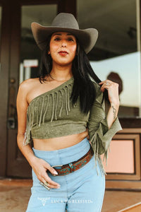 Olive Mineral Wash Fringe Detail Crop Top