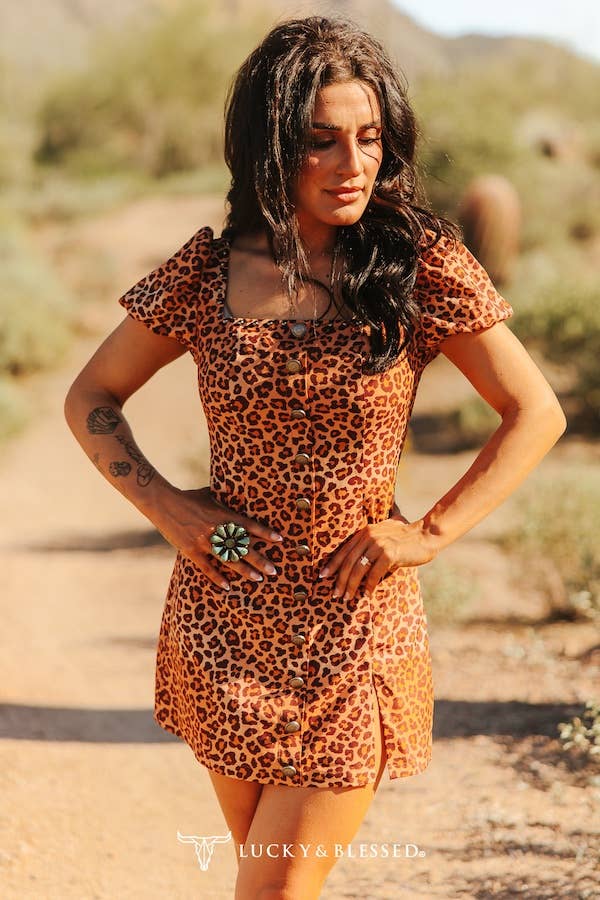 Leopard Print Button Front Mini Dress W Puff Sleeves