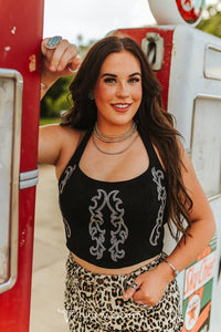 Black Boot Stitch embroidered Halter Top Tie Back Corset Top
