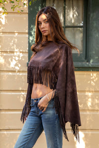 STALLION Faux Suede Cropped Flowy Fringe Poncho