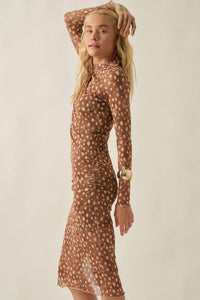 Abstract Polka Dot Mesh Mock-Neck Long-Sleeve Midi Dress