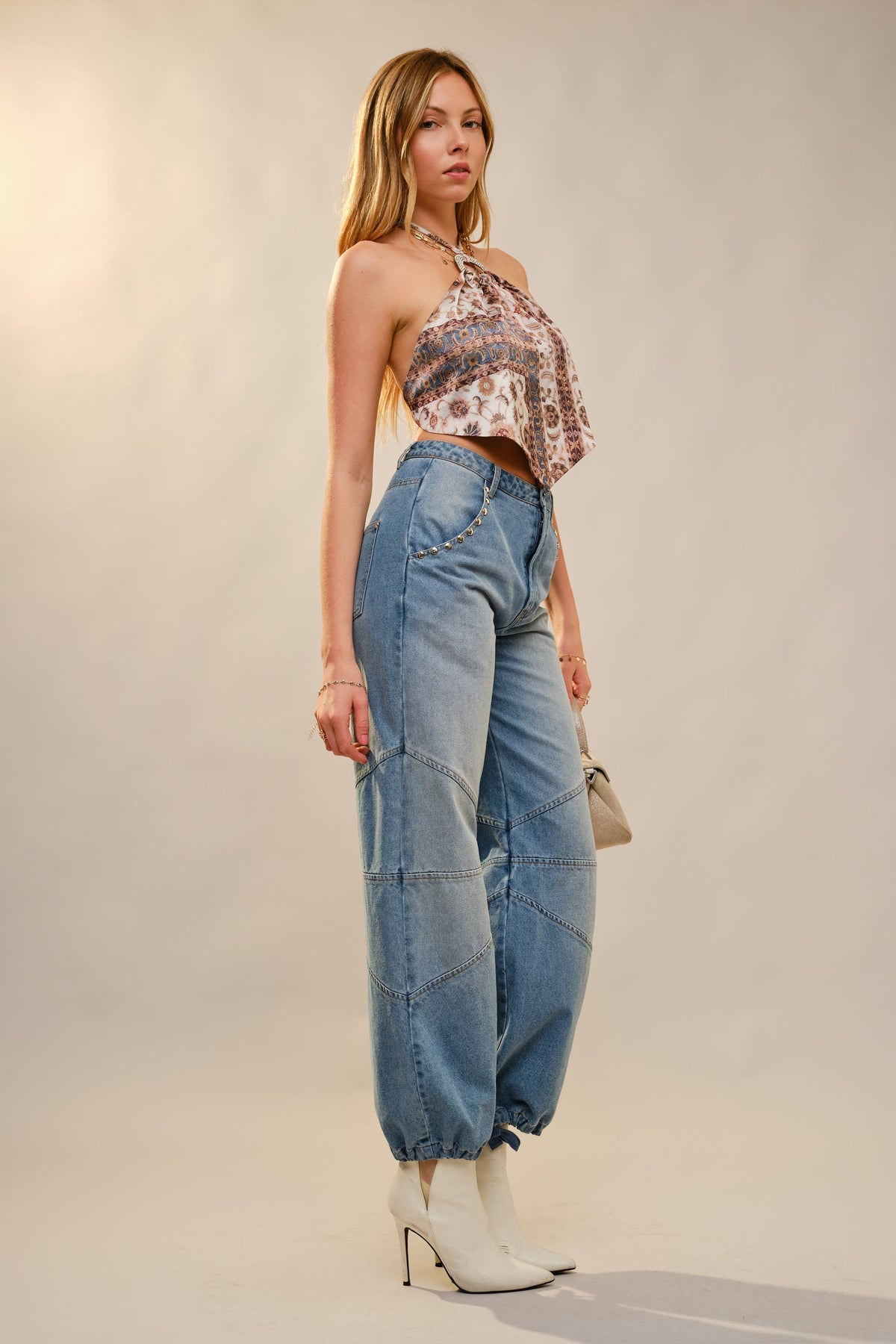 Metal Stud Drawstring Hem Jeans