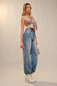 Metal Stud Drawstring Hem Jeans