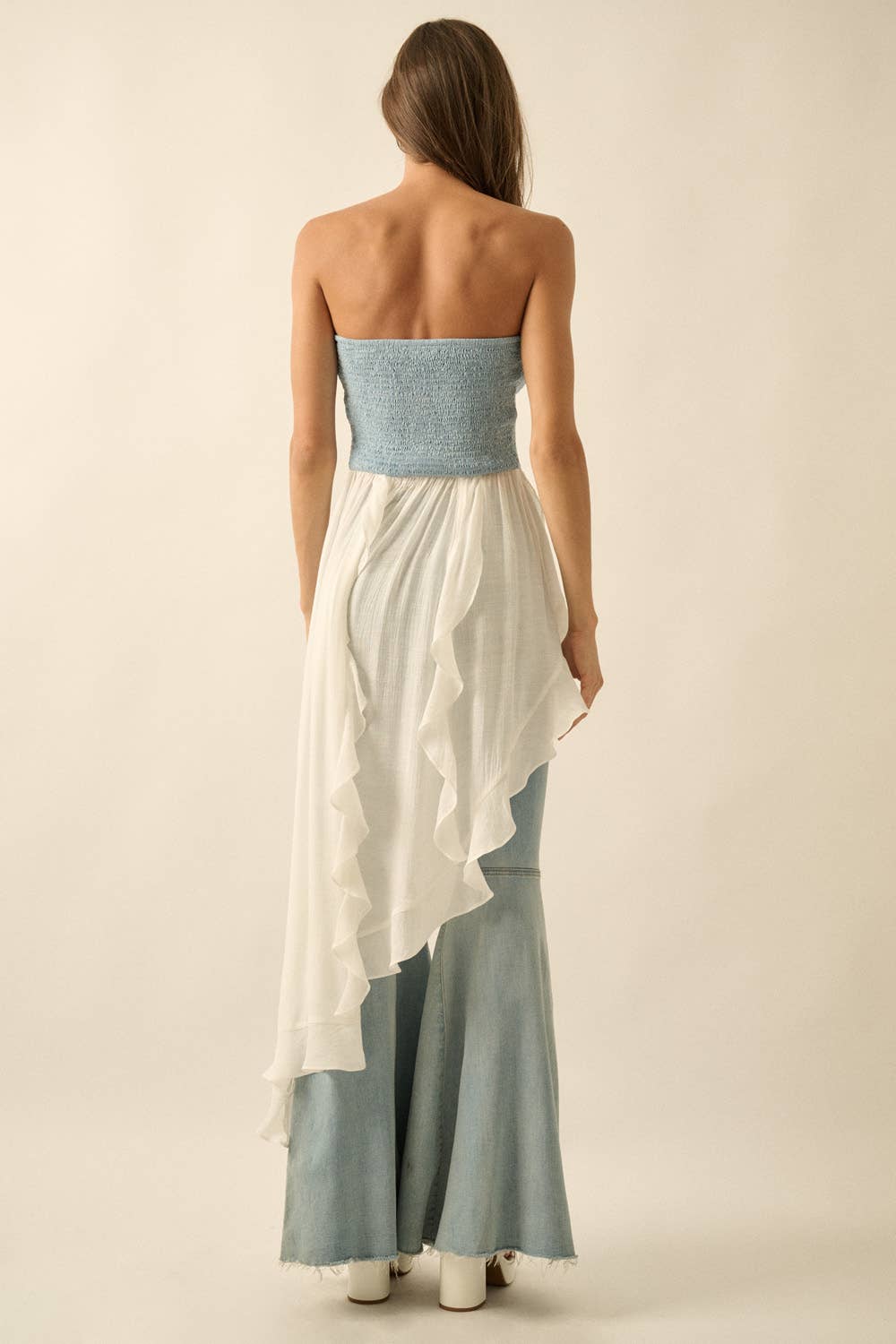 Tencel Denim and Gauze Strapless Ruffled Maxi Top