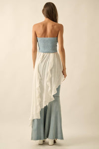 Tencel Denim and Gauze Strapless Ruffled Maxi Top