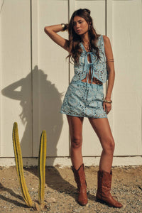 Denim Cutout Embroidered Mini Skort