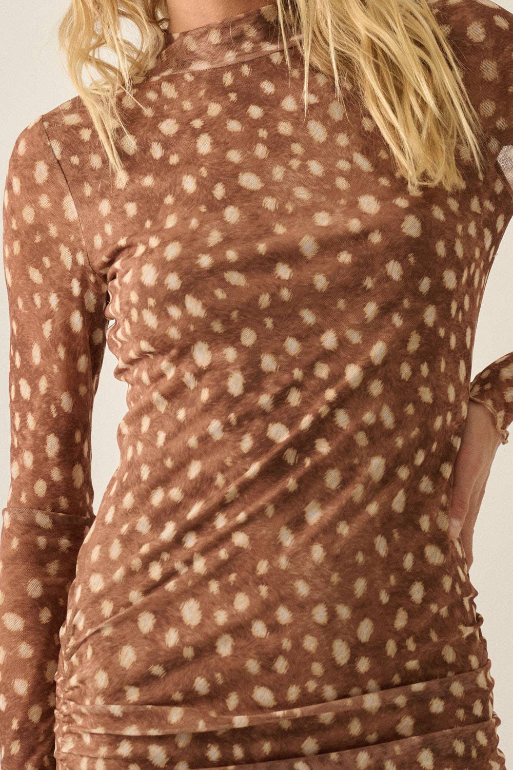Abstract Polka Dot Mesh Mock-Neck Long-Sleeve Midi Dress