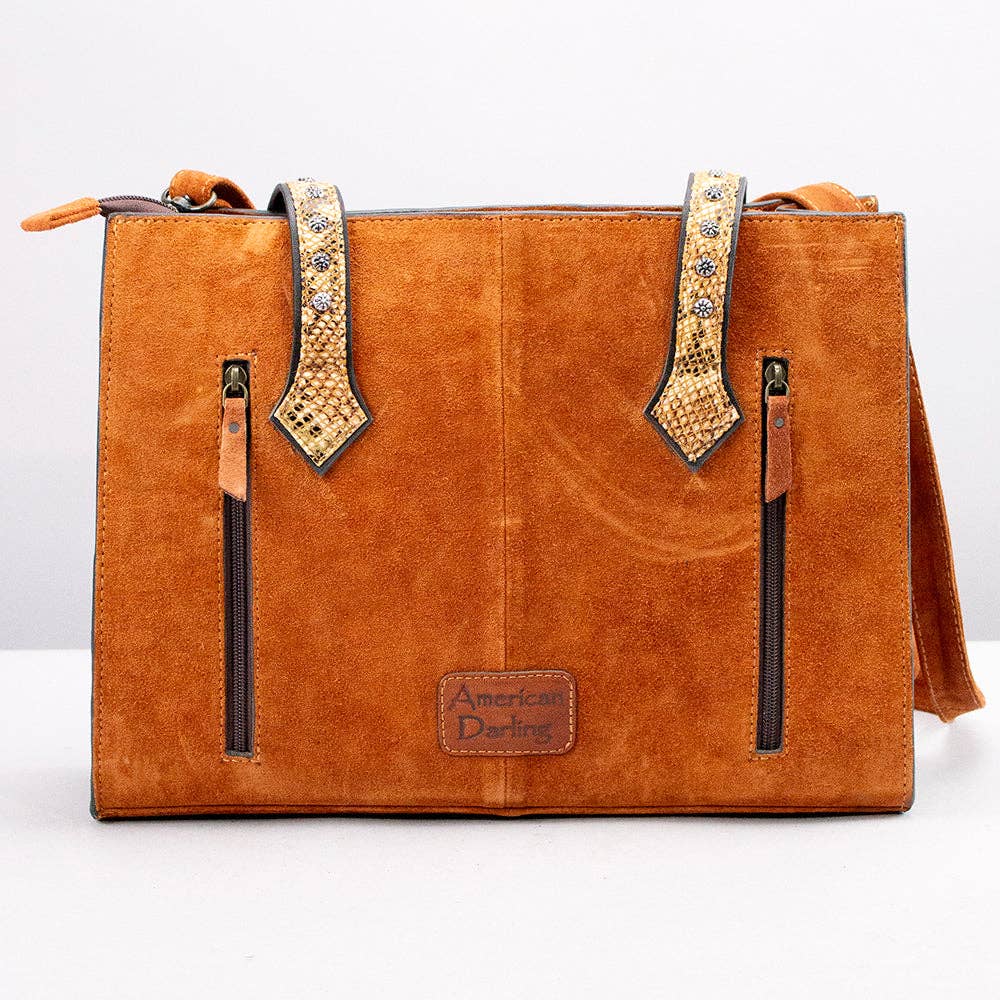 Genuine Suede Tote Bag with Boot Stitching and Rivet Accents