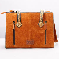 Genuine Suede Tote Bag with Boot Stitching and Rivet Accents