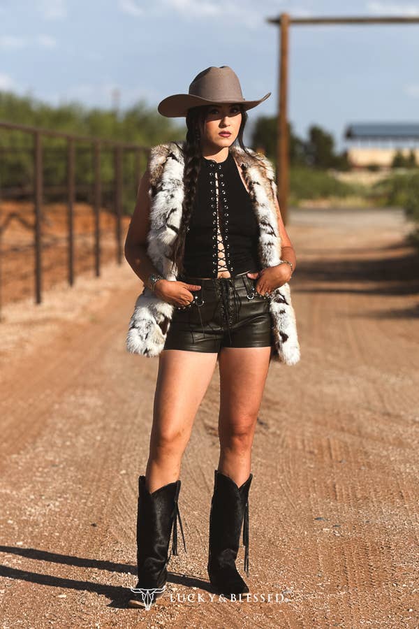 Brown Faux Leather Lace-Up Studded Shorts