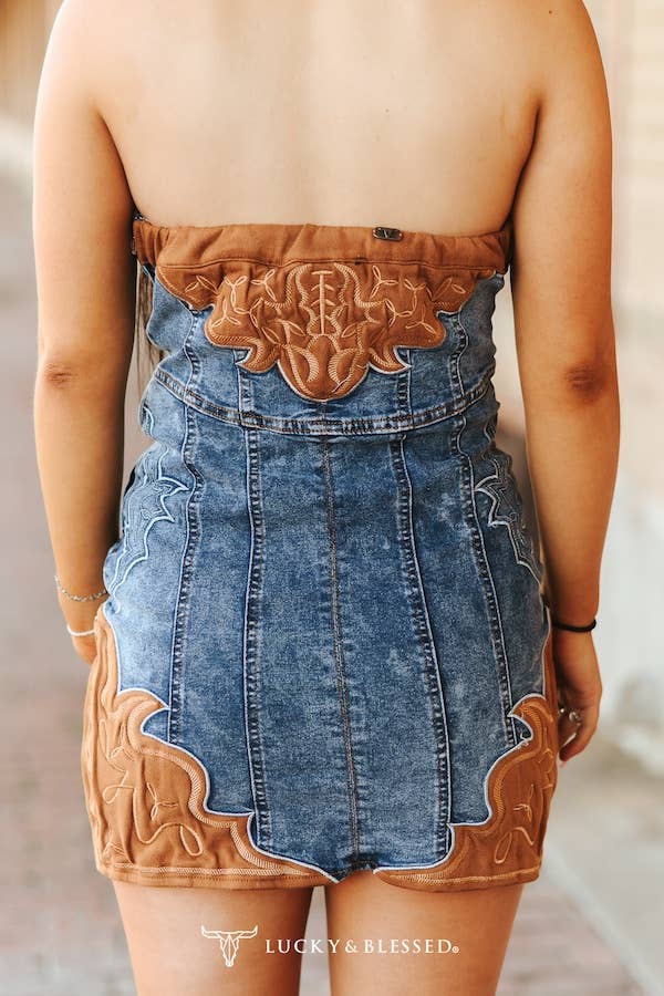 Stone Wash Denim Dress W Camel Suede Boot Stitch Embroidery