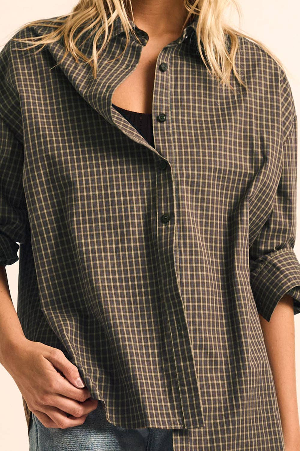 Plaid Button-Front Collared Long-Sleeve Oversize Shirt