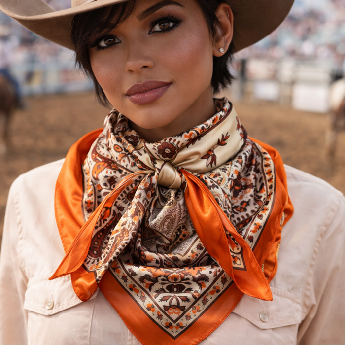 Orange, Brown and Cream Floral Wild Rag - Western Scarf