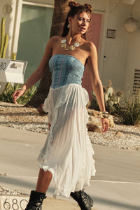 Tencel Denim and Gauze Strapless Ruffled Maxi Top