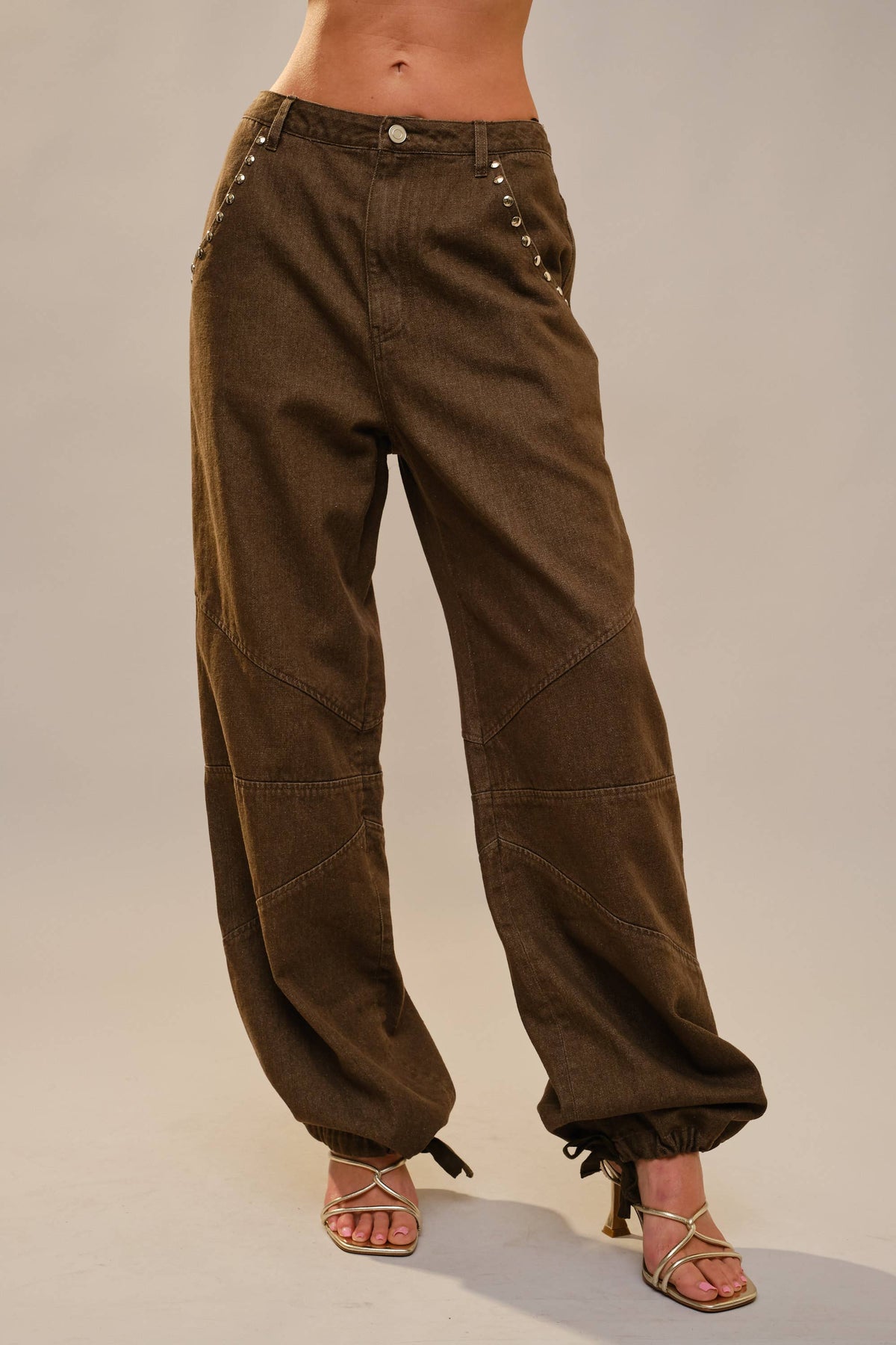 Metal Stud Drawstring Hem Jeans