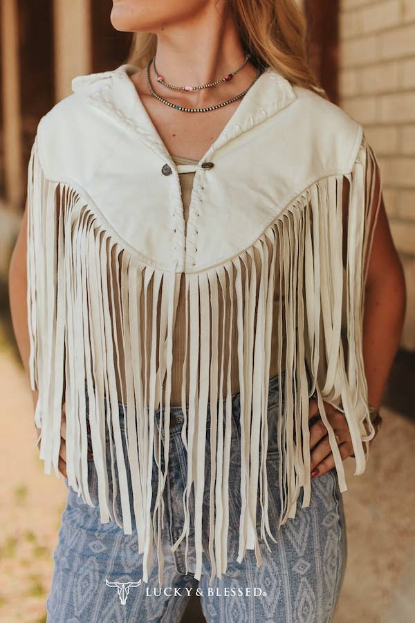 Ivory Bone Suede Hand Stitch Collar Cape With Fringe
