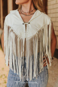 Ivory Bone Suede Hand Stitch Collar Cape With Fringe