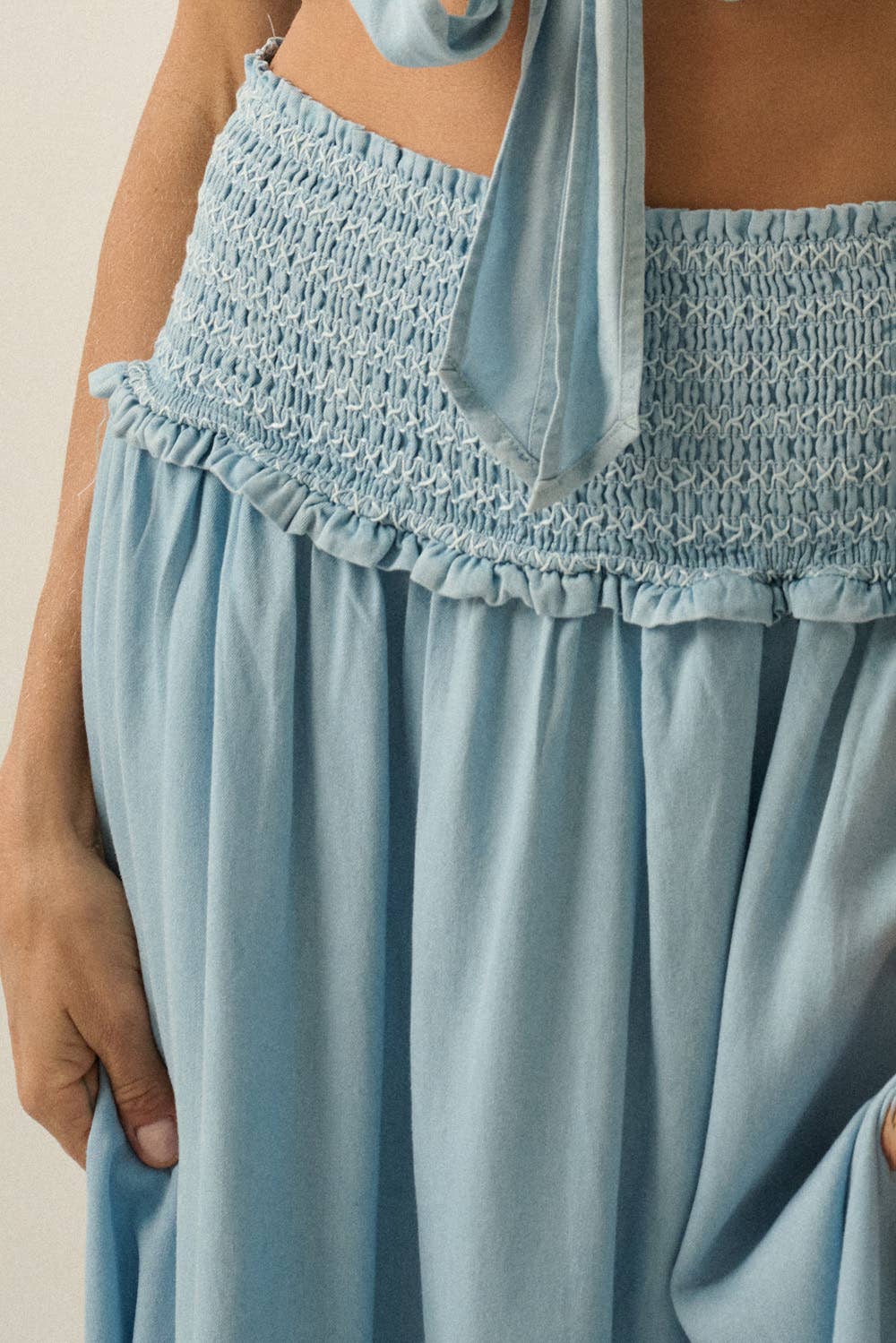 Tencel Denim Smocked Drop-Waist Maxi Skirt