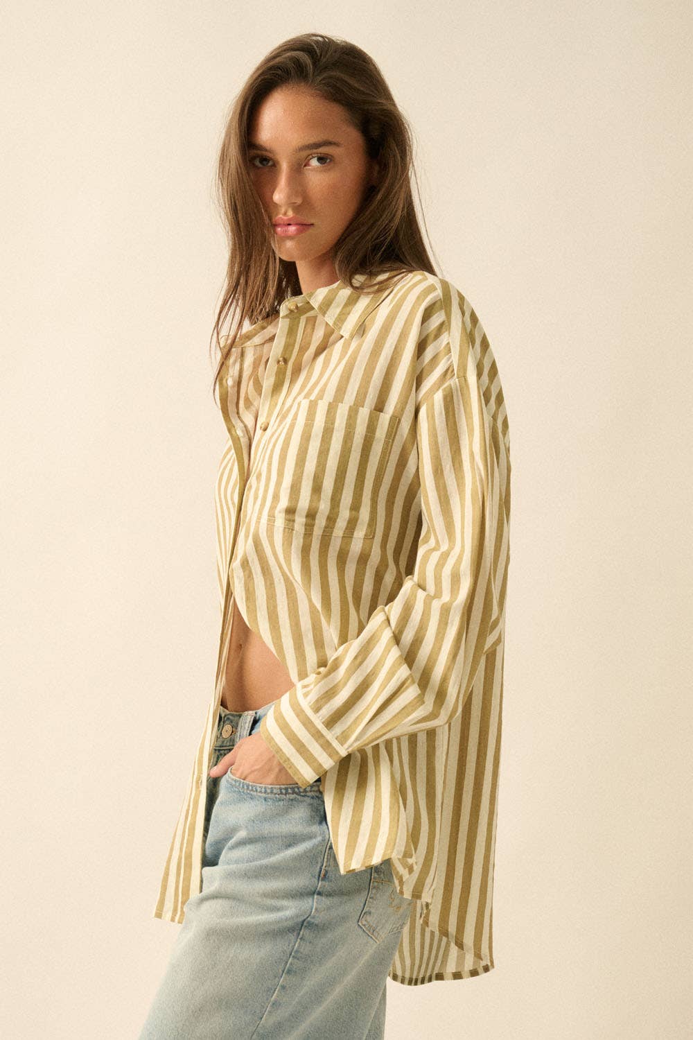 Stripe-Print Woven Cotton Oversized Button-Up Pocket Shirt