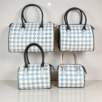 Gray checker tooled leather speedy bag 