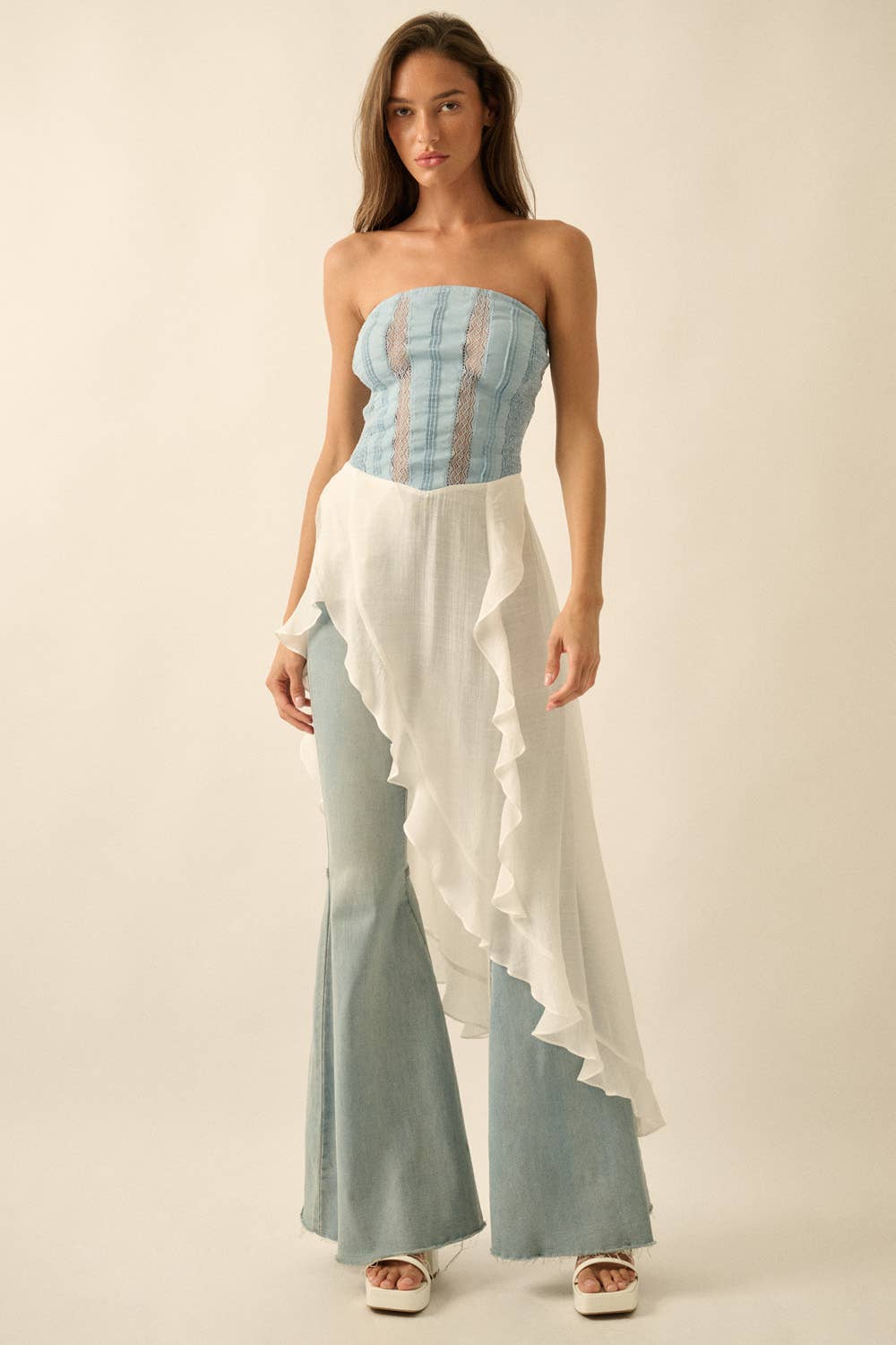 Tencel Denim and Gauze Strapless Ruffled Maxi Top