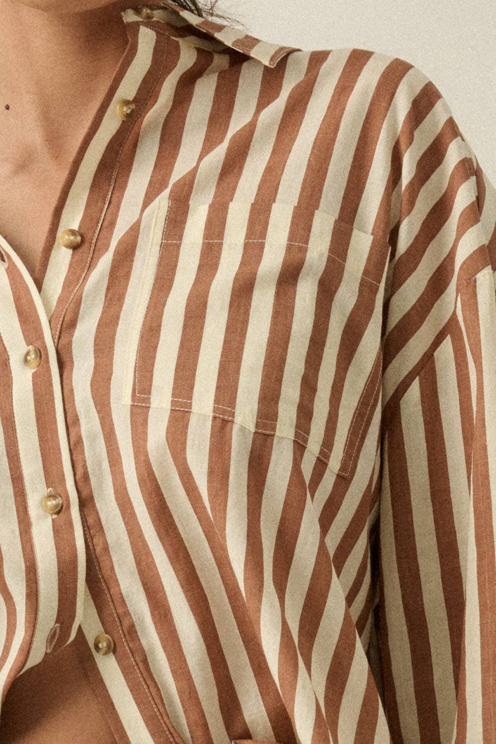 Stripe-Print Woven Cotton Oversized Button-Up Pocket Shirt
