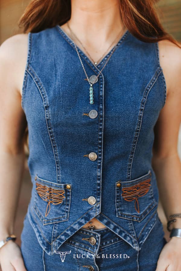 Dark Wash Stretch Denim Button Embroidered Vest W Skirt Set