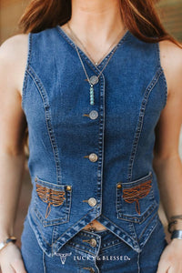 Dark Wash Stretch Denim Button Embroidered Vest W Skirt Set