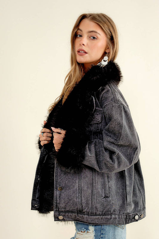 15121J - Fur Collard Cuff Over sized Denim Jacket