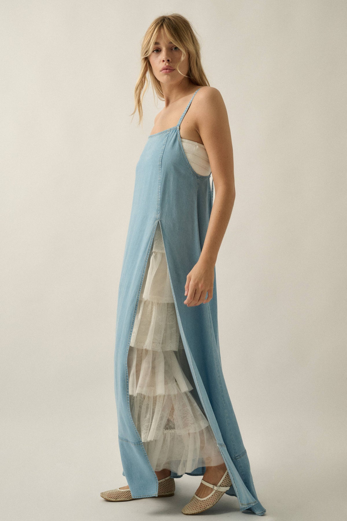 Tencel Denim A-Line Open-Back Leg-Out Maxi Dress