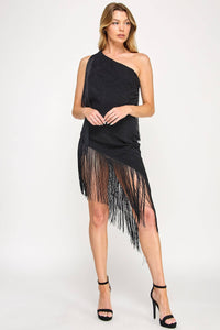 Mave Mini Dress - Crochet One Shoulder Fringe Lace