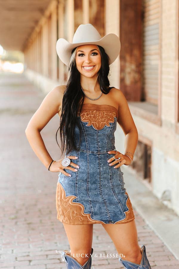 Stone Wash Denim Dress W Camel Suede Boot Stitch Embroidery