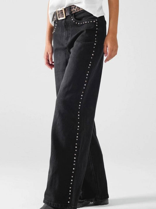 Studded Straight Wide-Leg Jeans