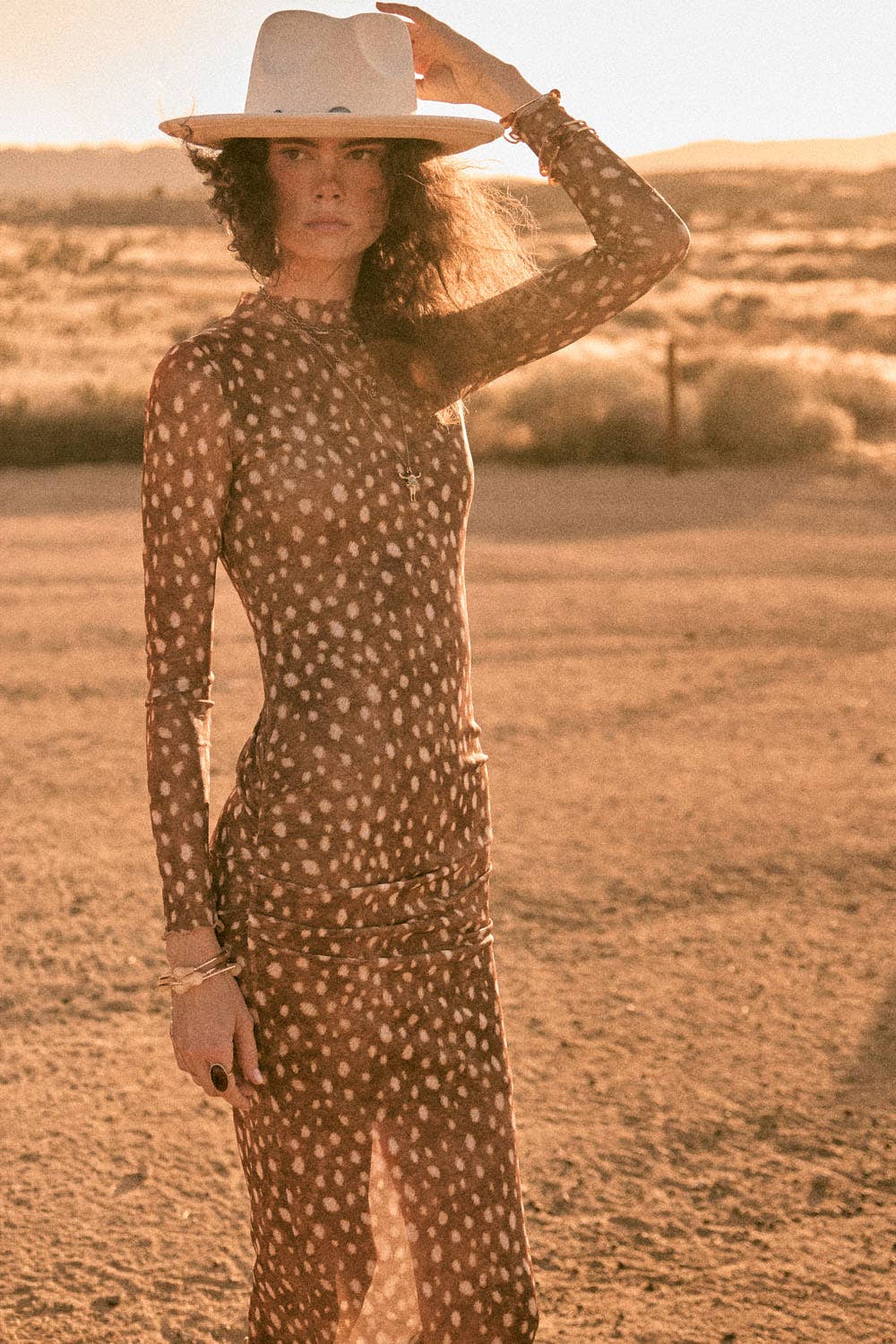 Abstract Polka Dot Mesh Mock-Neck Long-Sleeve Midi Dress
