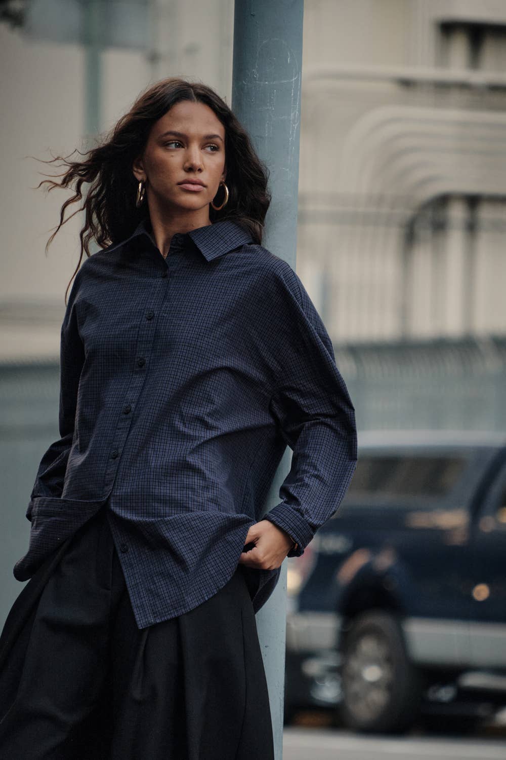 Plaid Button-Front Collared Long-Sleeve Oversize Shirt