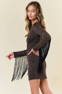 METALLIC MOCHA FRINGED BODYCON DRESS