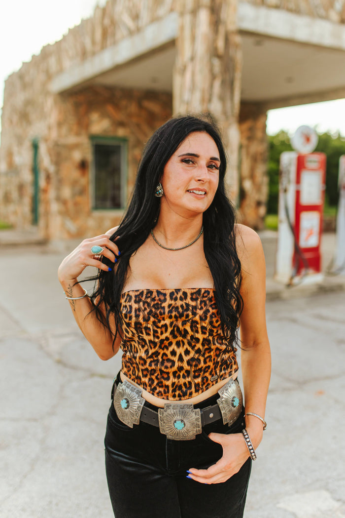 Brown Leopard Leather Boot Stitch Corset Tie Back