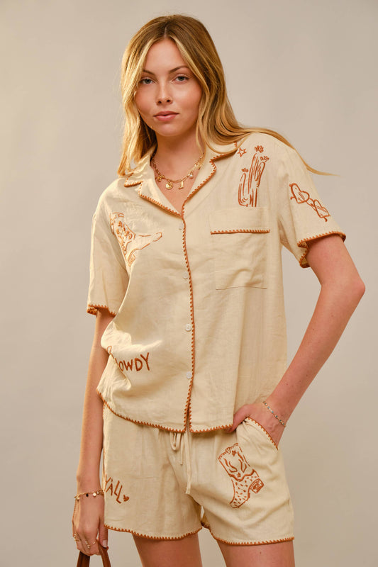 Western Embroidered Linen Shorts Set