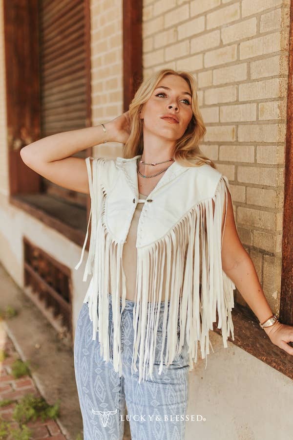 Ivory Bone Suede Hand Stitch Collar Cape With Fringe