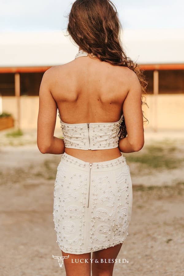 White Rhinestone Pearl Detail Boot-stitch Design Skirt